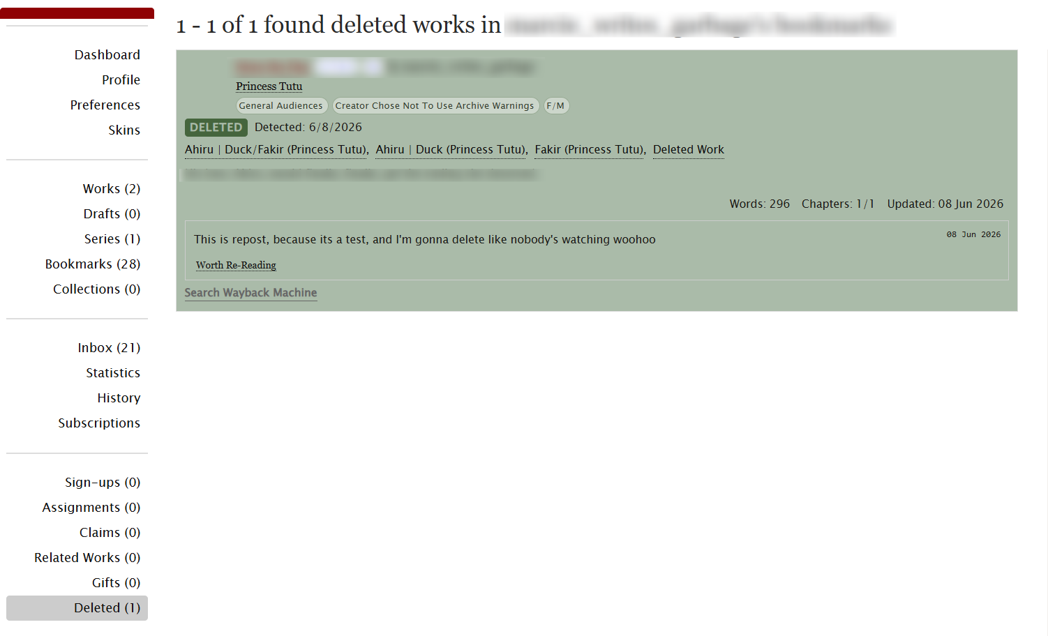 Deleted work in AO3 Find That Bookmark's Deleted tab