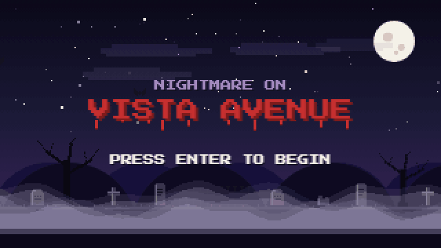Nightmare on Vista Avenue title screen, a foggy pixel-art graveyard at night